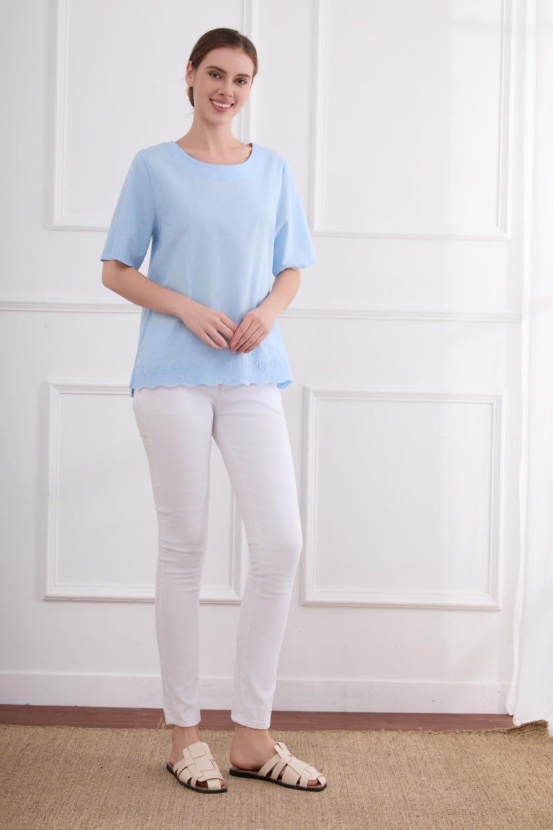 Minibee Women's Summer Linen Tunic Shirt High Low Hem Embroidery Blouse Top Blue M - Image 5